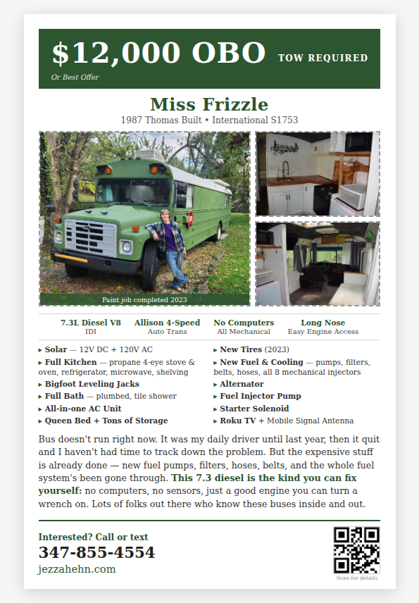 Frizzle Bus for Sale - $12,000 OBO. Tow required. 347-855-4554. jezzahehn.com